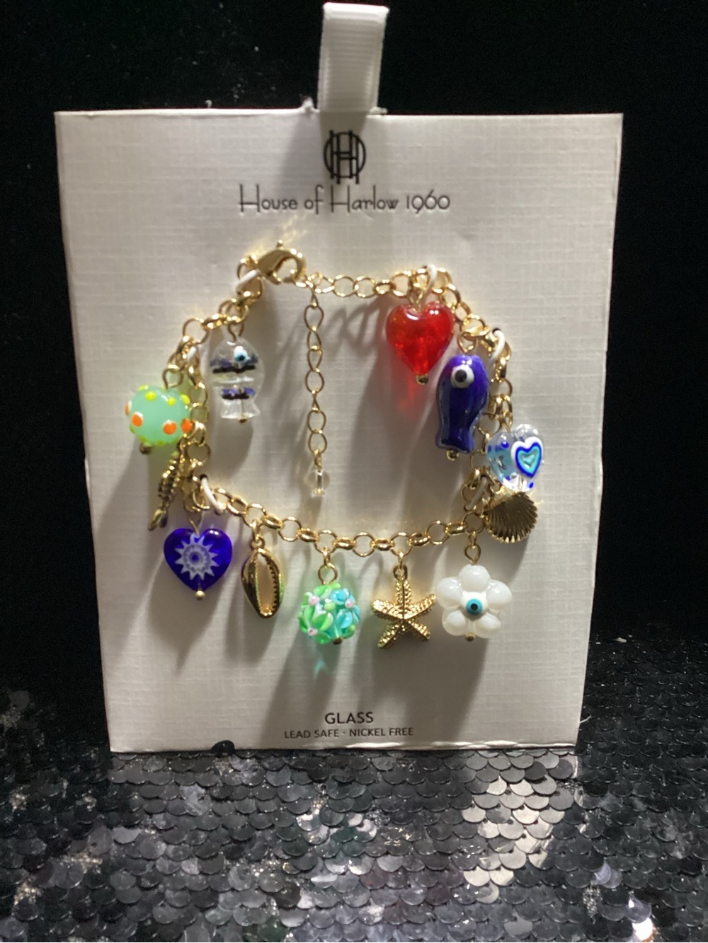 House of Harlow 1960 Gold-Tone Multicolor Glass Charm Bracelet